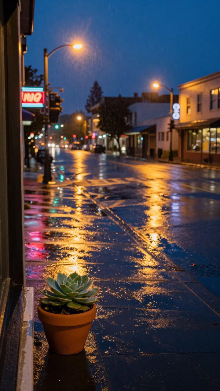 Rain Reflections in Portland at Midnight Light in in Portland, Oregon, United States