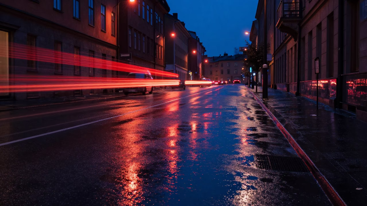Rain Reflections in Stockholm at Midnight Light in in Stockholm, Sweden