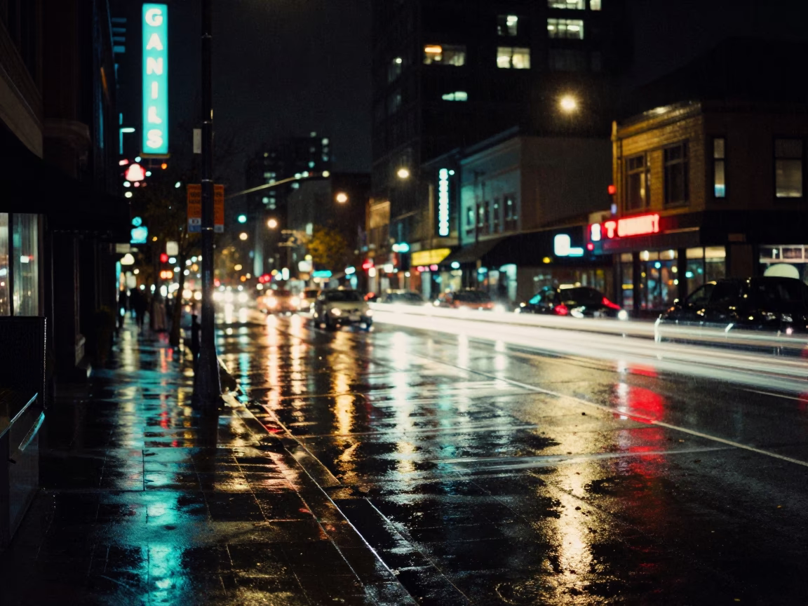 Rain Reflections in Vancouver at Late At Night Light in in Vancouver, British Columbia, Canada