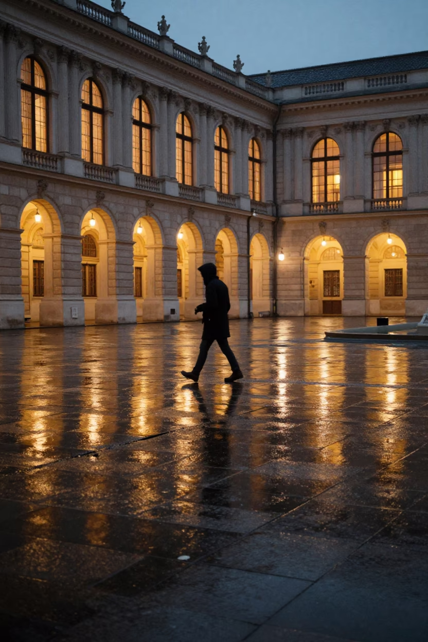 Rain Reflections in Vienna at As City Lights Begin To Glow in in Vienna, Austria