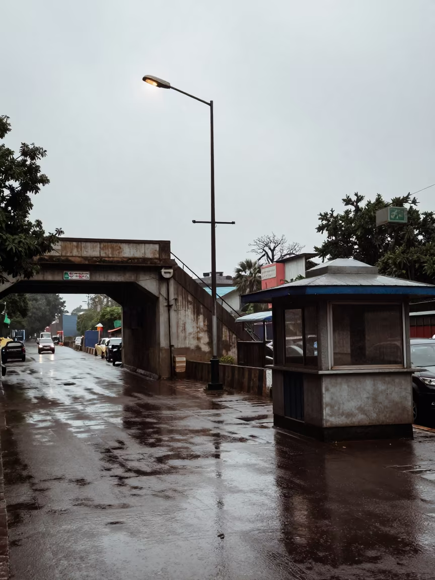 Rain Reflections Under Ranchi Street Lamp in by a rain-darkened kiosk in Ranchi