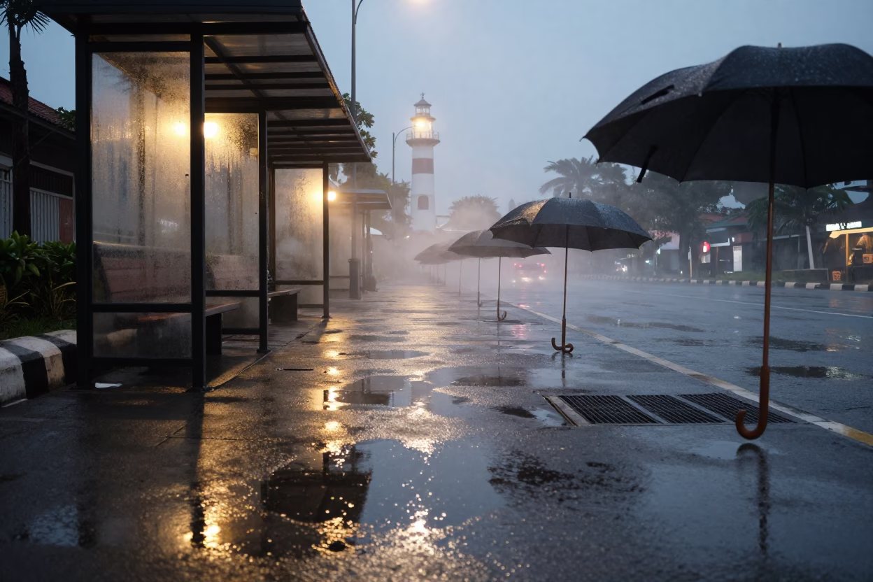 Rain Reflections and Umbrellas at Bandar Lampung Bus Stop in beside a steamed-up bus shelter in Bandar Lampung