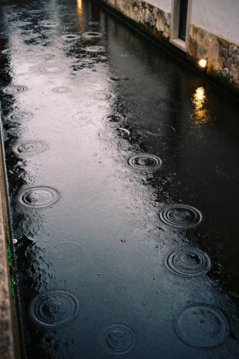 Rain Rings on Black Canal Water at Dawn in in Portugal