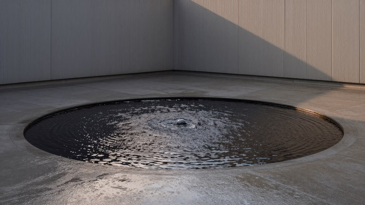 Rain Rings on Black Water in Busan Lobby in inside a ribbed concrete lobby in Busan