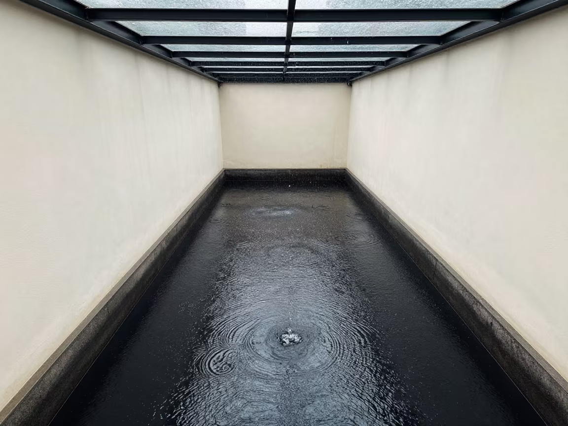Rain Ripples on Black Water Arcade in inside a glass-roofed arcade in Haikou