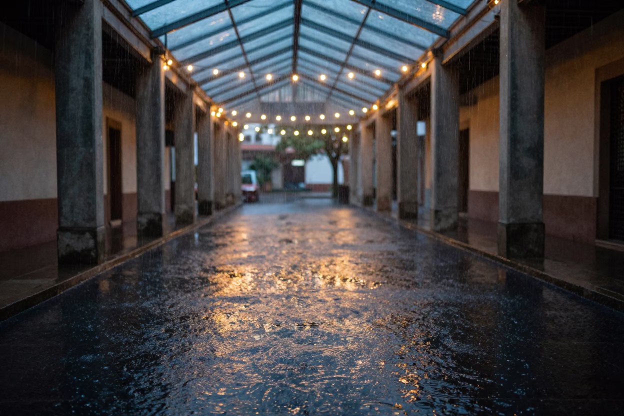 Rain Ripples on Black Water Under Arcade Lights in inside a glass-roofed arcade near Fresnillo