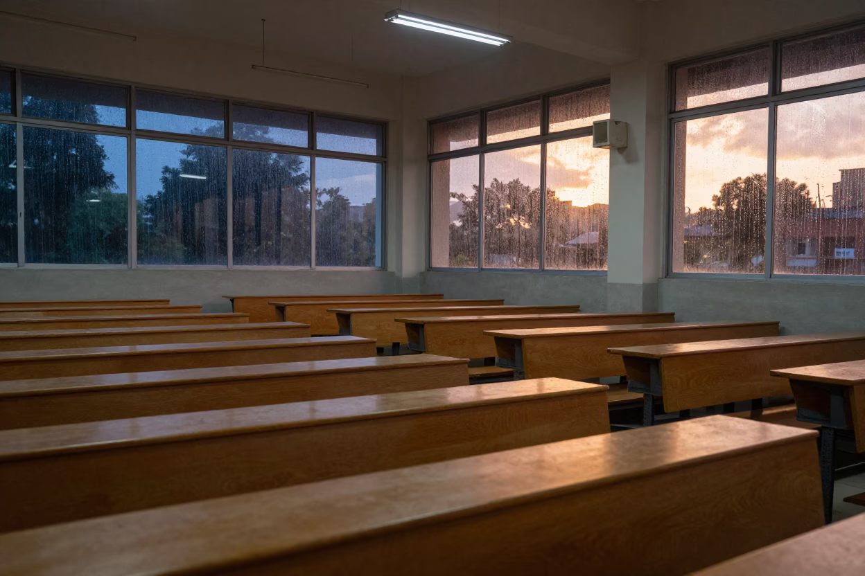 Rain on Roof in Empty Coimbatore Exam Hall in in a lecture hall before the crowd arrives near Coimbatore