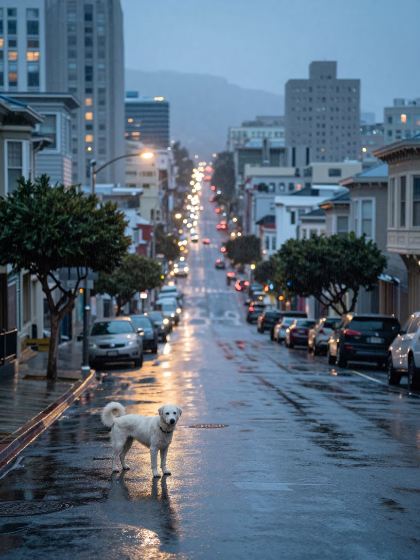 Rain Scene in San Francisco at Dusk Light in in San Francisco, California, United States