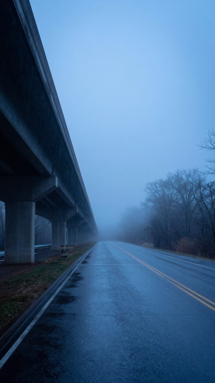 Rain Shaft Overpass in Connecticut Blue Hour in through low marine fog in Connecticut