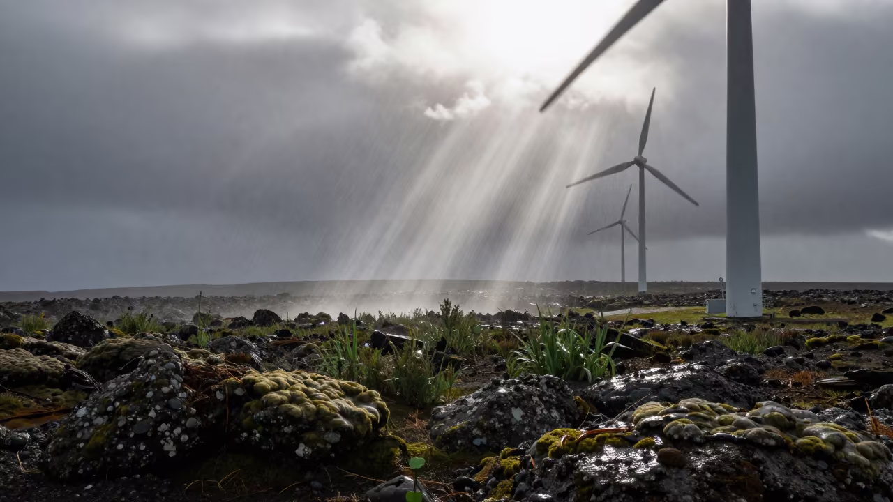 Rain Shaft and Wind Turbines in Iceland Summer in beneath fast-moving cloud bands in Iceland