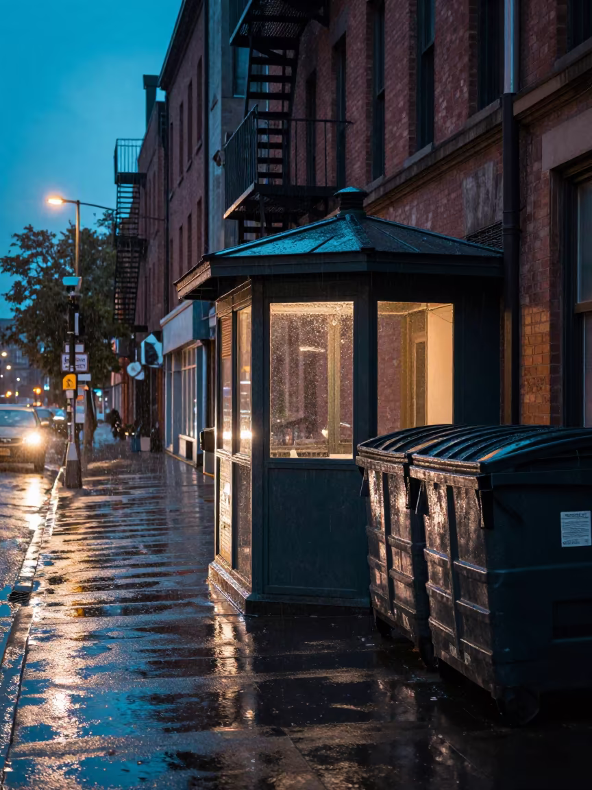 Rain-Silvered Dundee Alley with Fire Escapes at Dusk in by a rain-darkened kiosk in Dundee