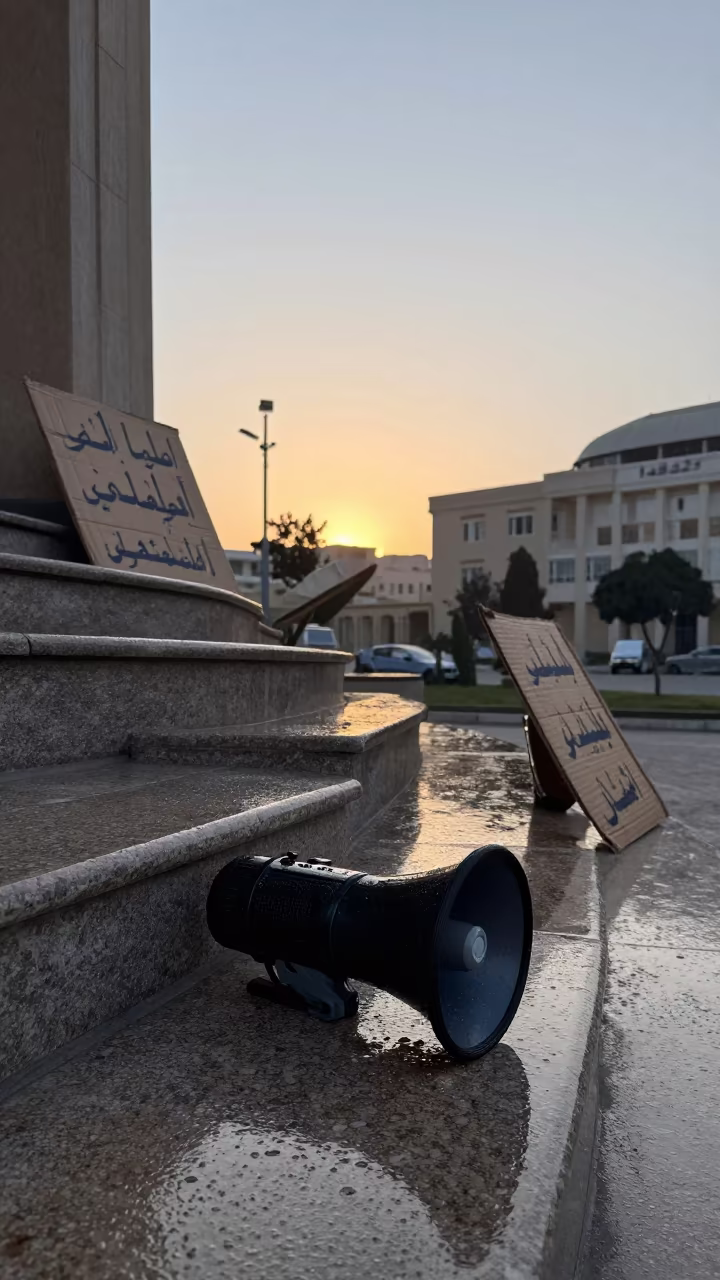 Rain Slick Megaphone on Courthouse Steps at Dawn in on the steps of city hall near Karbala