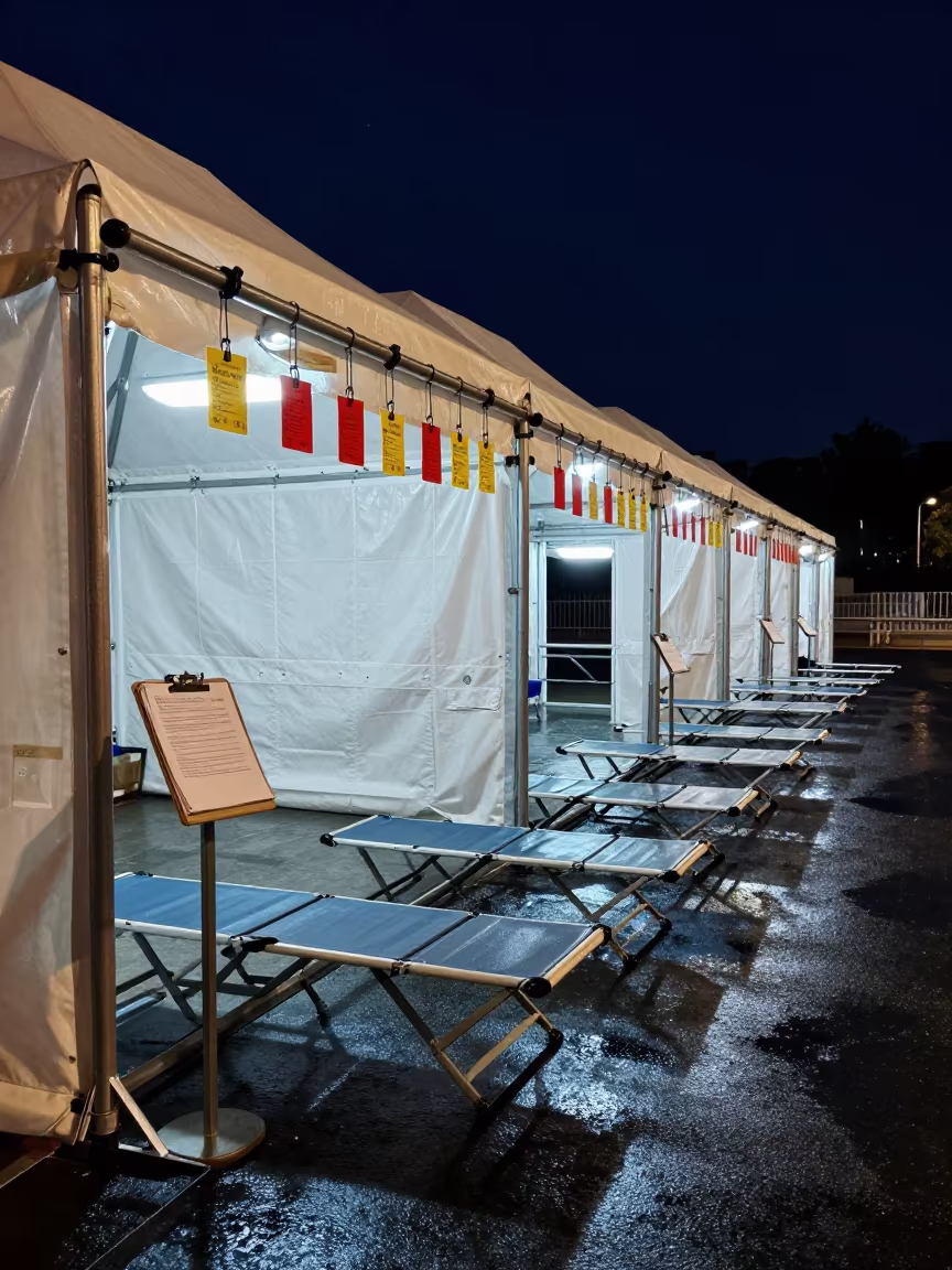 Rain Slick Triage Tent Baku Night Entrance in outside an emergency intake entrance in Baku