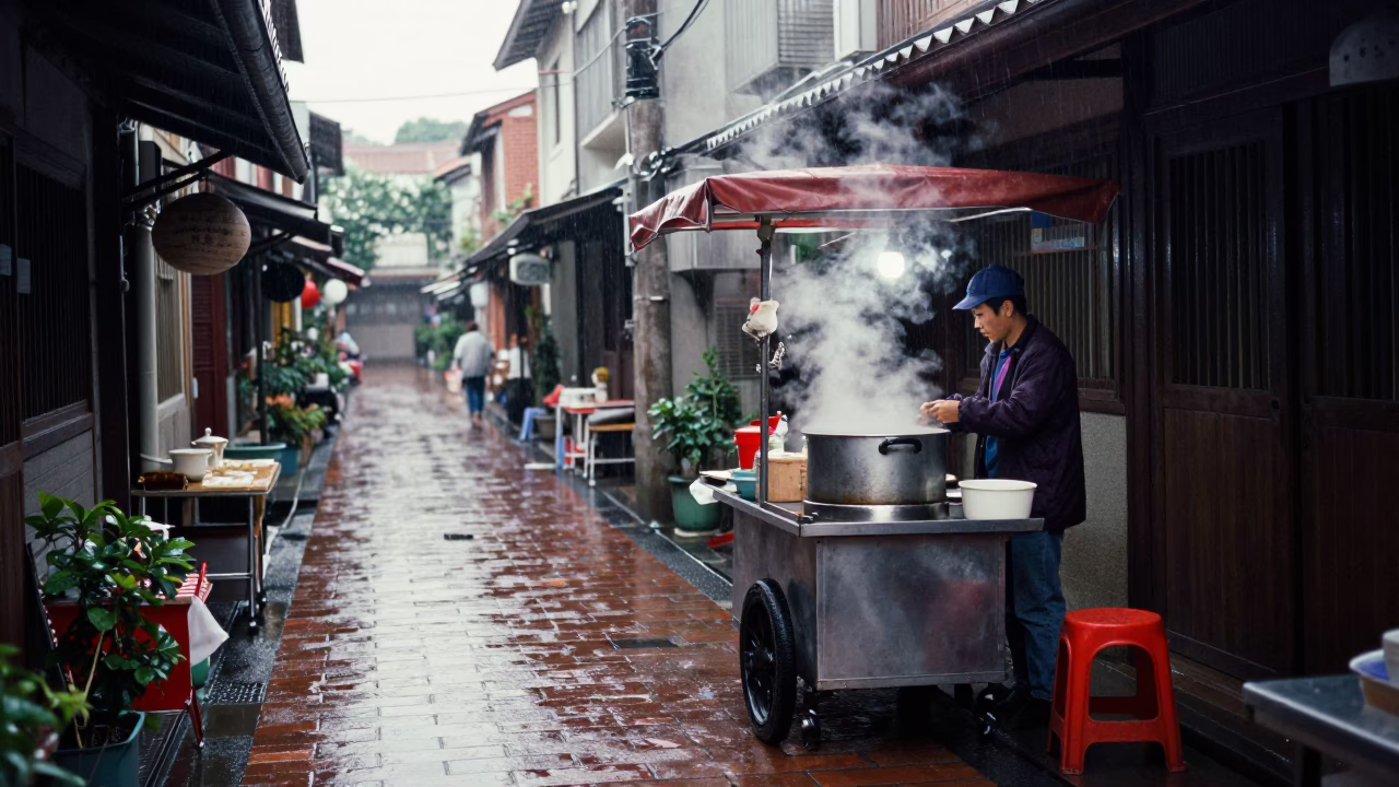 Rain slicked alleyway in Tainan with vendor stall and morning commuters in in Tainan, Taiwan