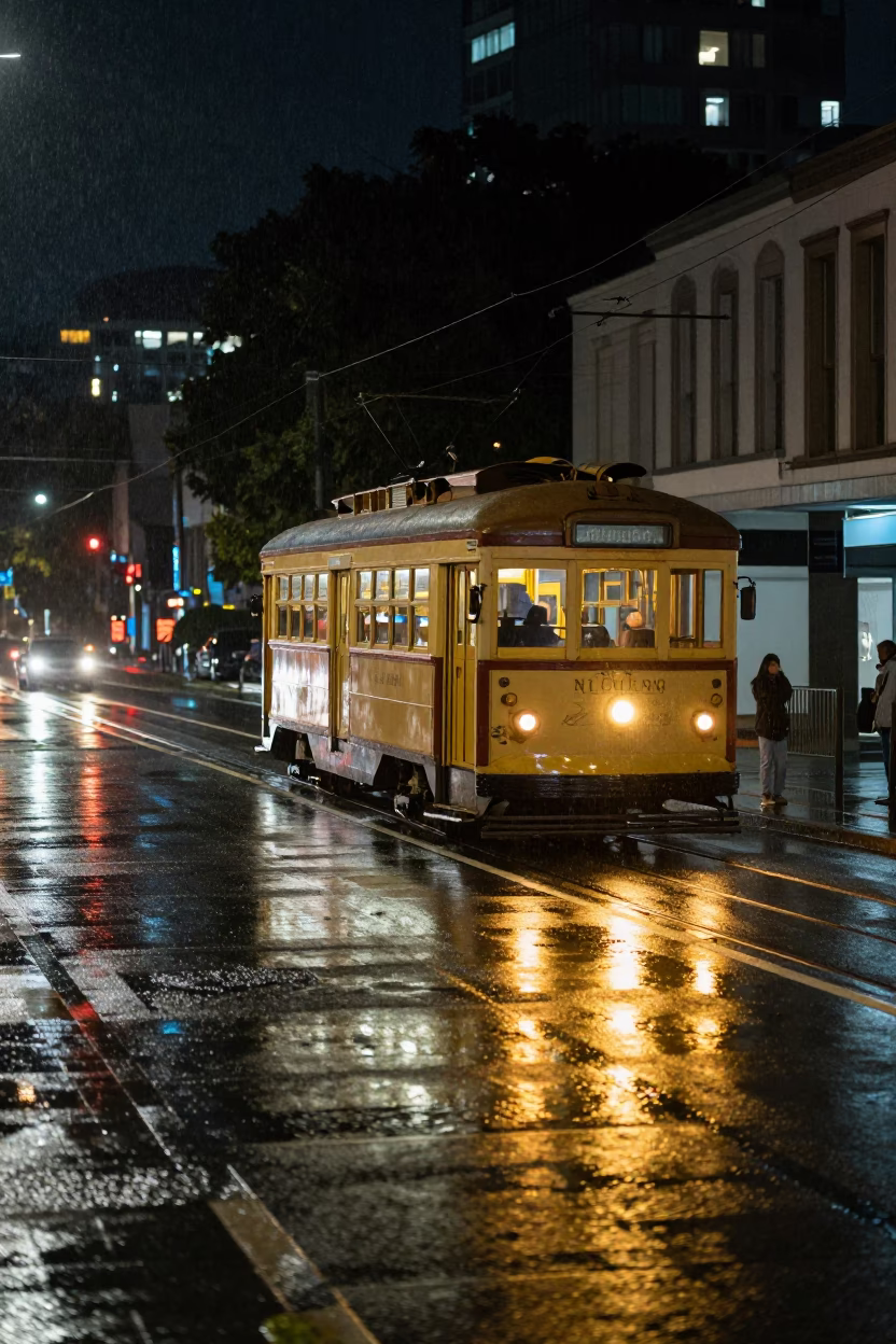 Rain-slicked Auckland night street with heritage tram and wet pavement reflections in in Auckland, New Zealand