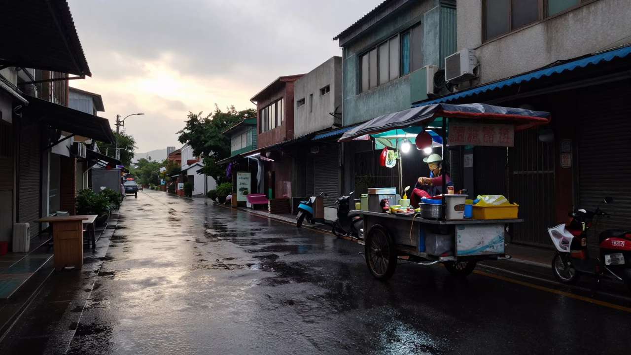 Rain-slicked Backstreet in Kaohsiung in in Kaohsiung, Taiwan