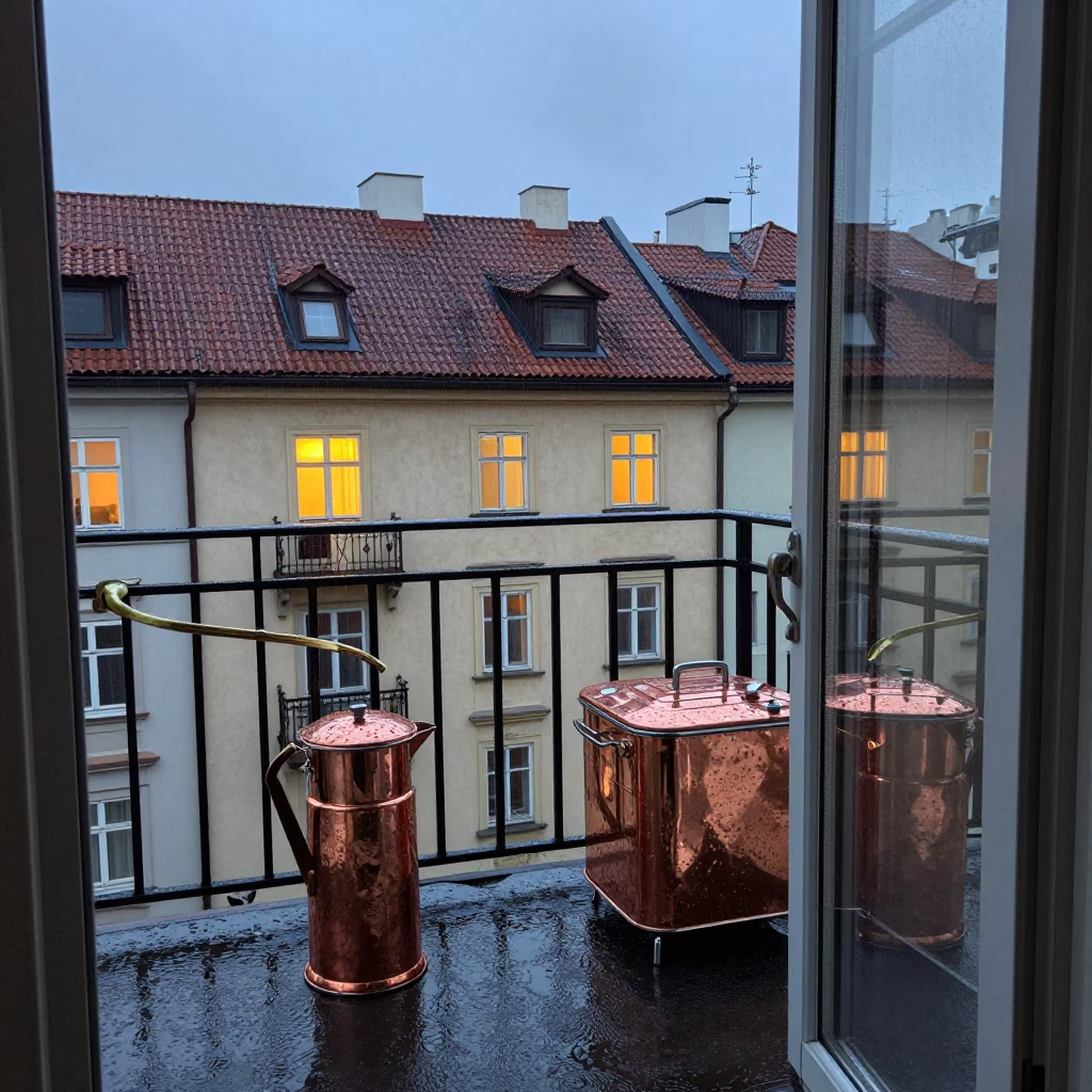 Rain-slicked Balcony in Prague in in Prague, Czech Republic