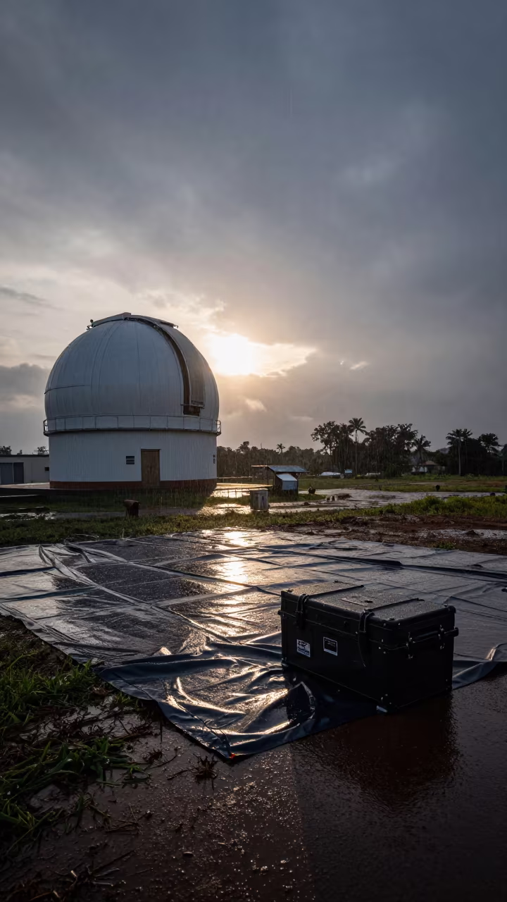 Rain Slicked Balloon Tarp at Dawn Near Observatory in beside an observatory dome near Mancherial