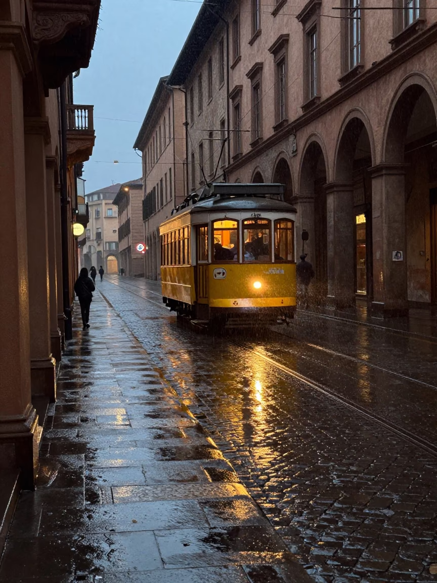 Rain-slicked Bologna cobblestones reflecting vintage tramcar lights in pre-dawn Italy in in Bologna, Italy