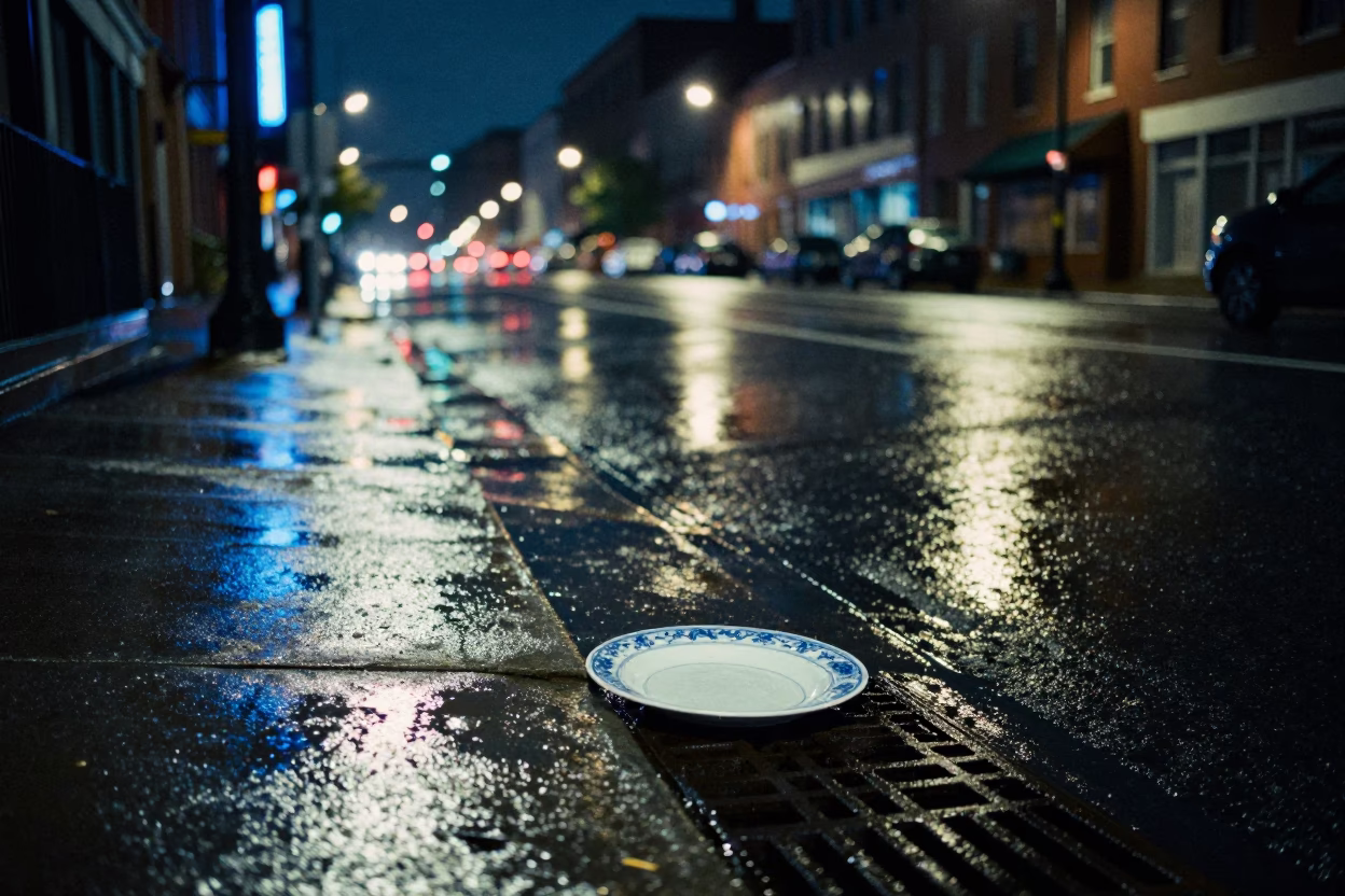 Rain-slicked Boston Street Night with Blue Porcelain and Wet Lockers in in Boston, Massachusetts, United States