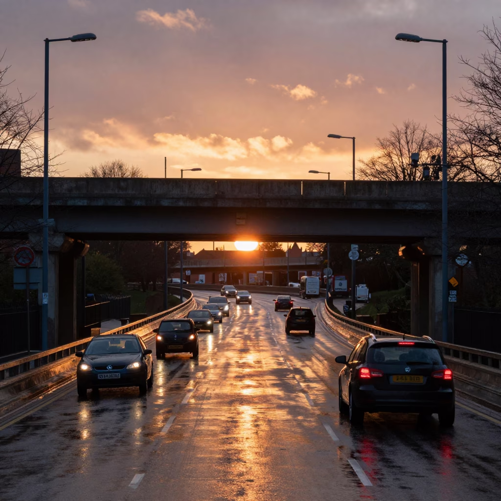 Rain-Slicked Bristol Overpass Interchange at Sunset Glowing with Taillights in in Bristol, United Kingdom