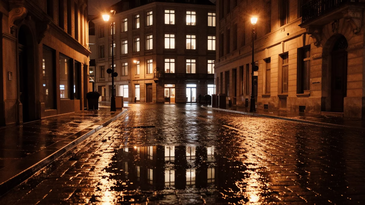 Rain-slicked Brussels street at night reflecting hotel windows and tail lights in in Brussels, Belgium