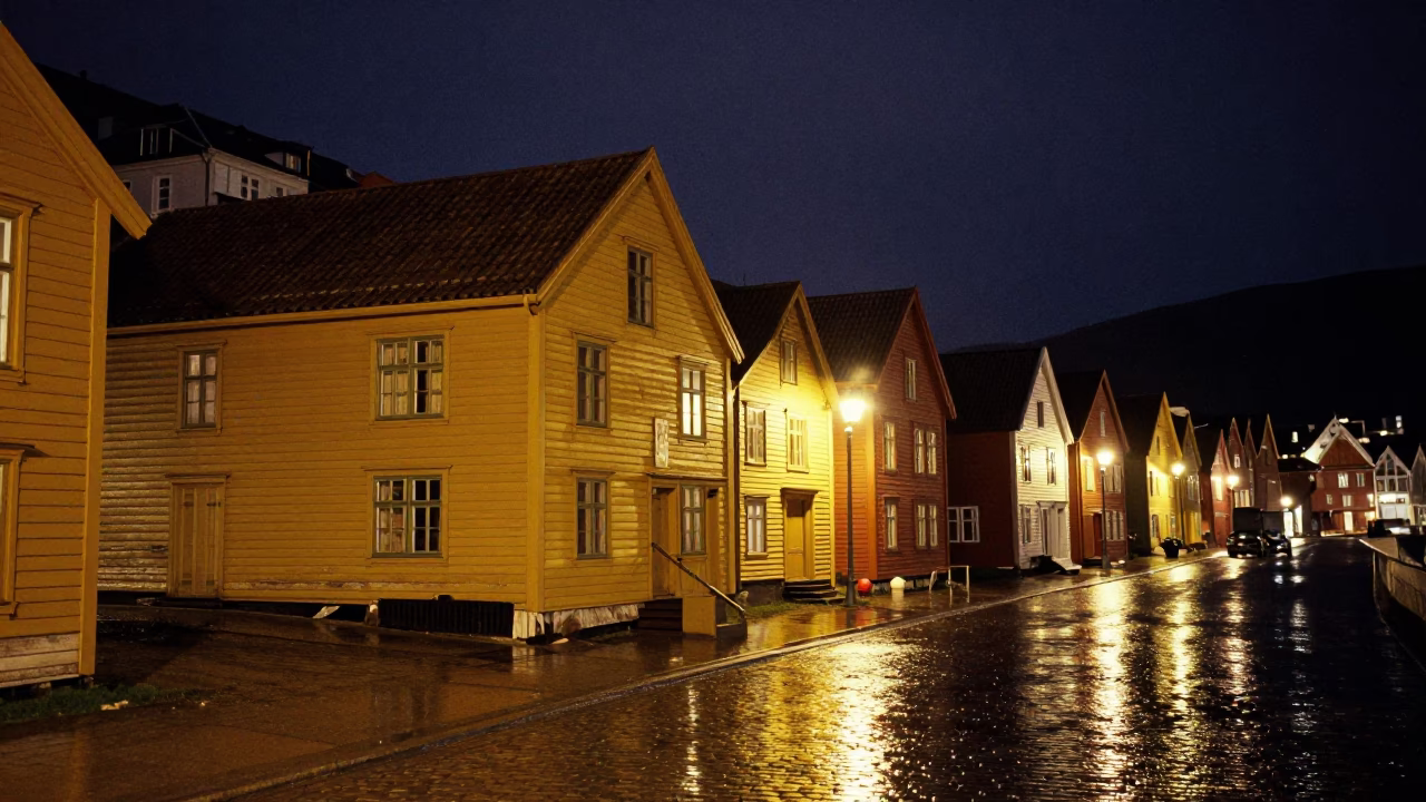Rain-slicked Bryghan wharf at night with yellow wooden houses reflecting in dark water in in Bergen, Norway