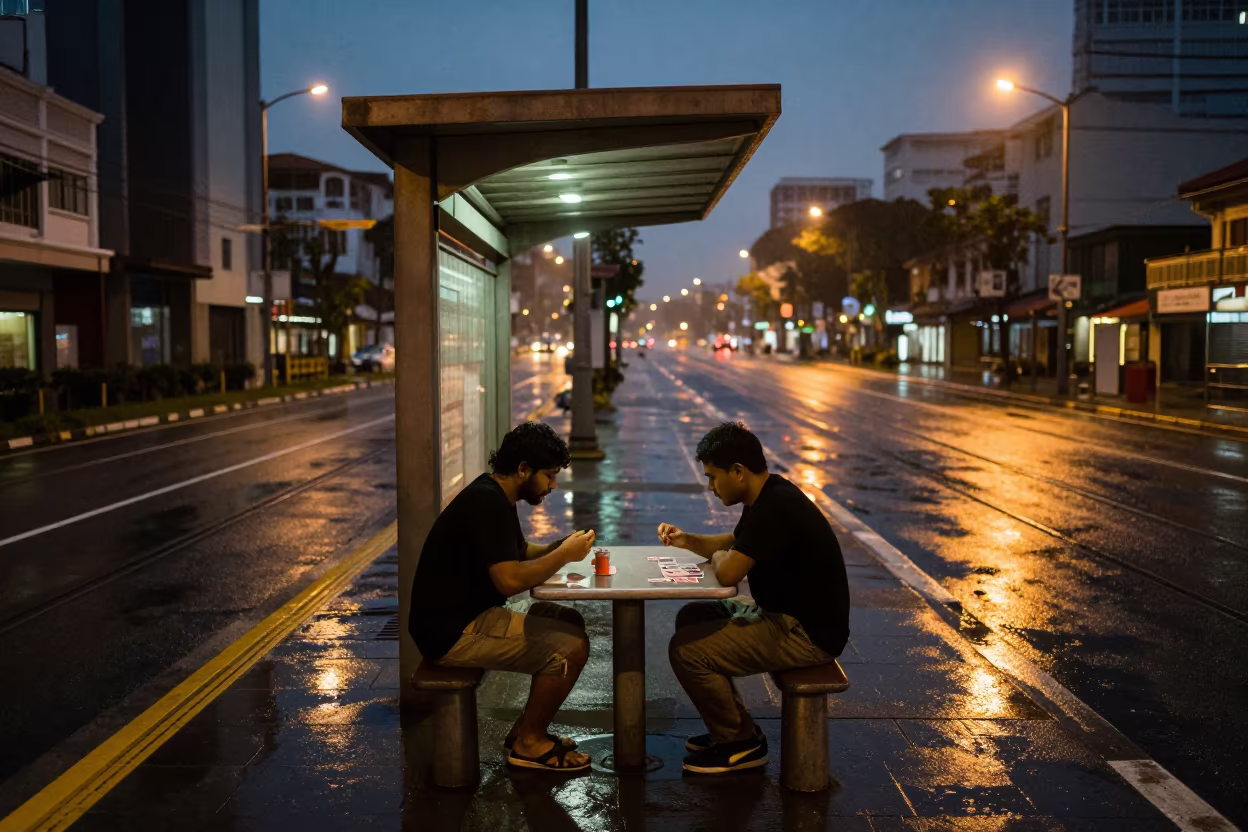 Rain-Slicked Card Game at Little India Tram Stop in at a tram stop in Little India, Singapore
