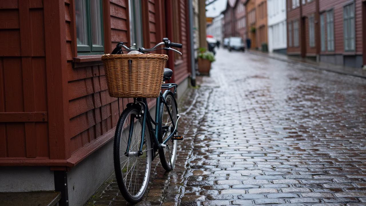 Rain slicked cobblestone street in Bergen Norway with bicycle basket in in Bergen, Norway