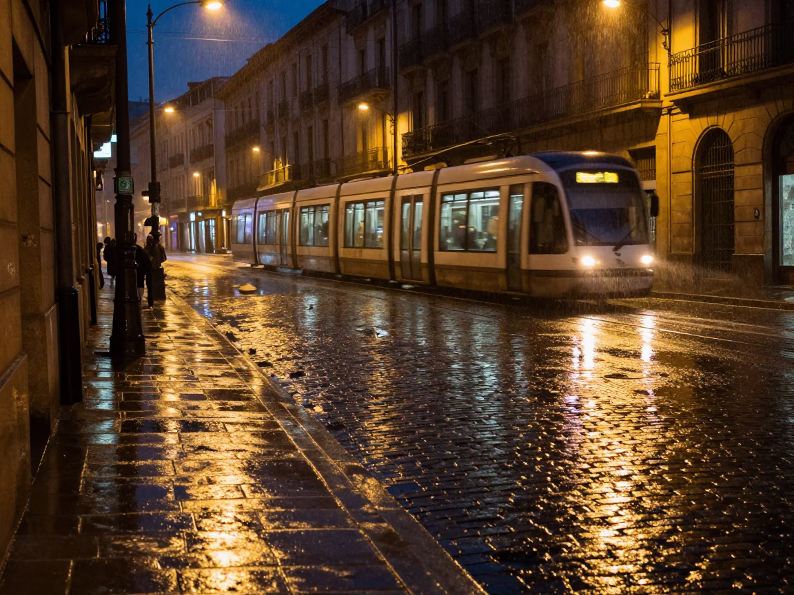 Rain-slicked cobblestone street in Bilbao at midnight with tram reflection and urban solitude in in Bilbao, Spain
