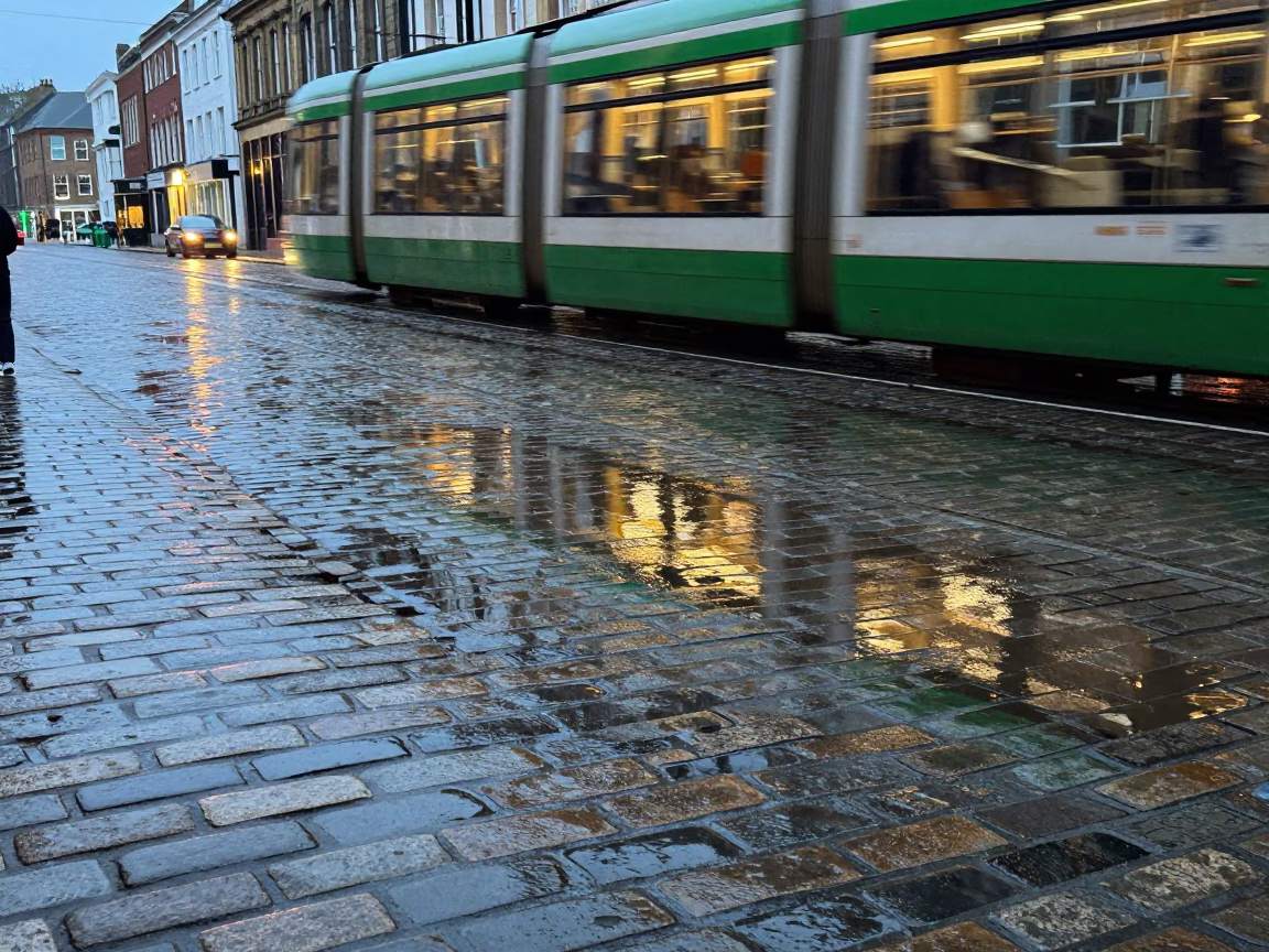 Rain-slicked cobblestone street in Bristol UK with tramcar reflection before sunrise in in Bristol, United Kingdom