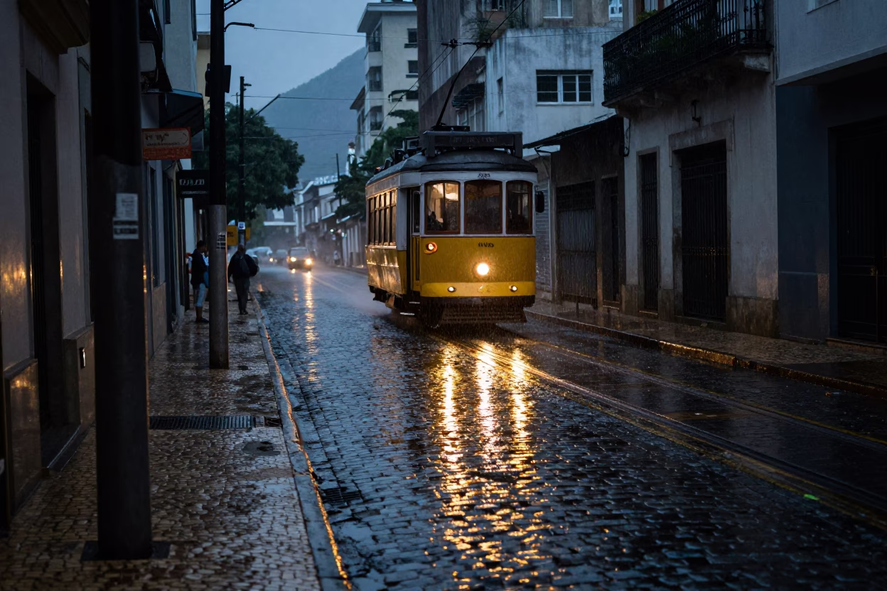 Rain-slicked cobblestone street in Rio de Brazil reflecting tramcar lights in predawn darkness in in Rio de Janeiro, Brazil