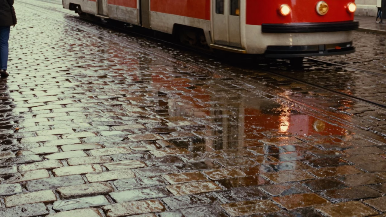Rain-Slicked Cobblestone Street in Vienna Reflecting a Passing Tram in Early Afternoon Light in in Vienna, Austria