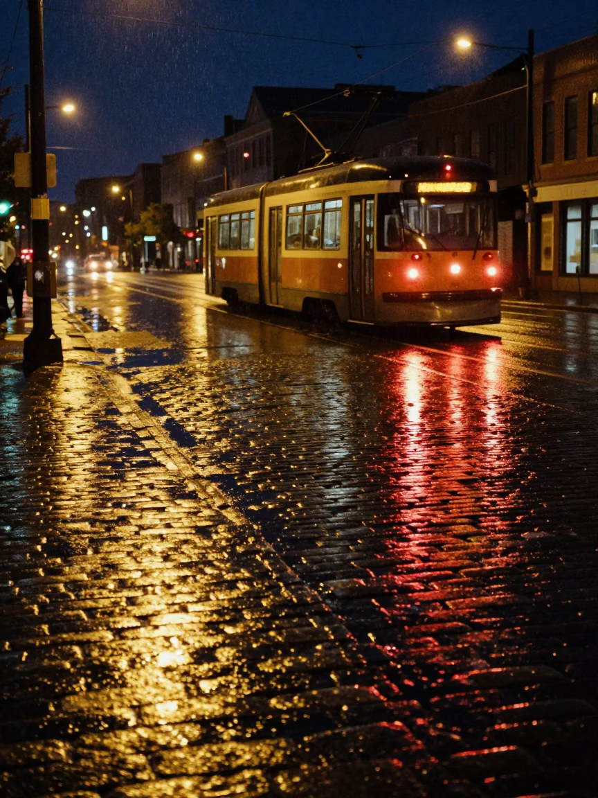 Rain-Slicked Cobblestones and Tram Reflections in Halifax at Night in in Halifax, Nova Scotia, Canada