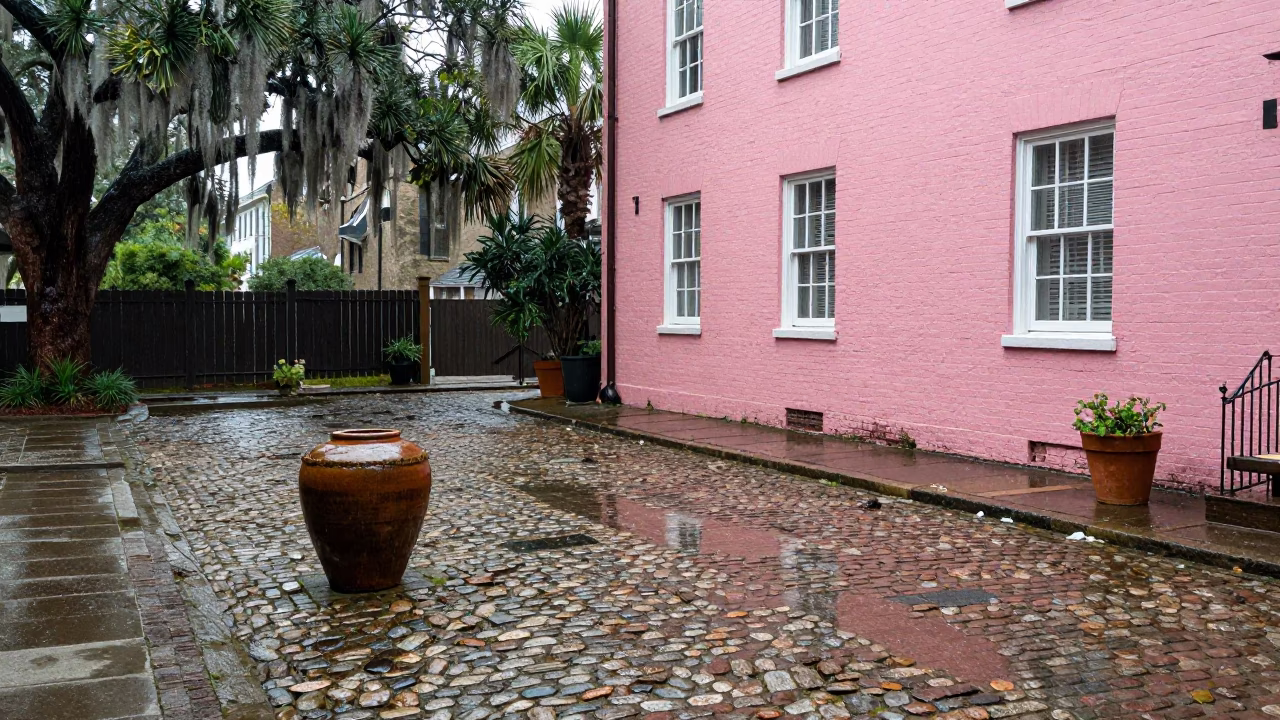 Rain-slicked Courtyard in Charleston in in Charleston, South Carolina, United States