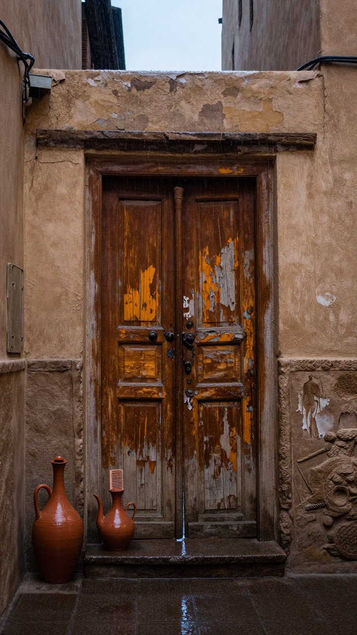 Rain-slicked Doorway in Luxor in in Luxor, Egypt