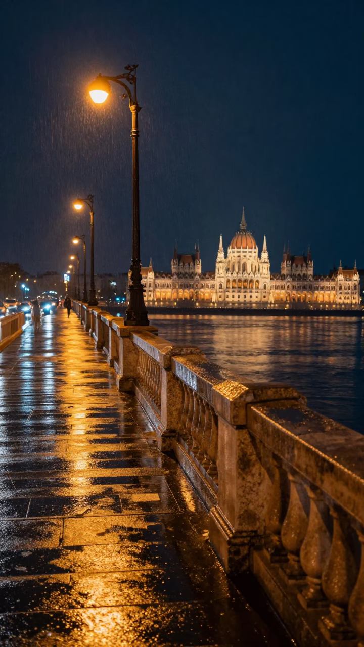Rain-slicked drawbridge deck and river reflections in Budapest at midnight in in Budapest, Hungary
