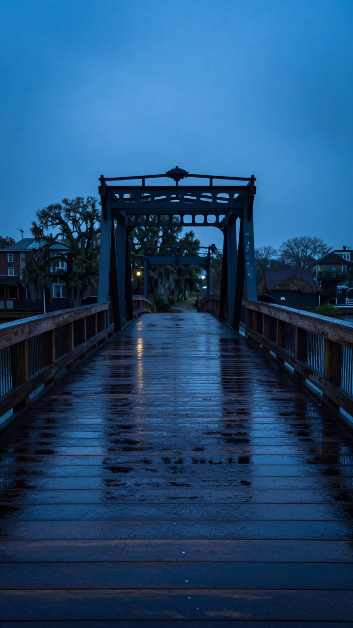 Rain-Slicked Drawbridge Deck in Charleston South Carolina During Evening Blue Hour in in Charleston, South Carolina, United States