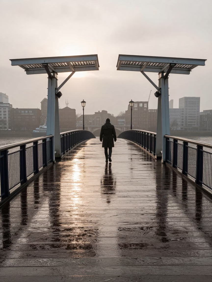 Rain-slicked drawbridge deck reflecting river light before sunrise in London in in London, United Kingdom