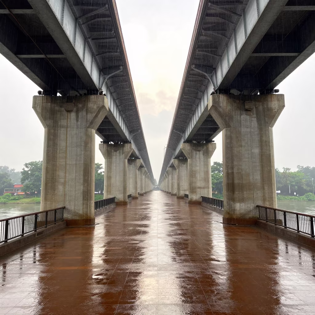 Rain-Slicked Drawbridge Deck Under Delhi Viaduct in under a viaduct of steel and concrete near Delhi