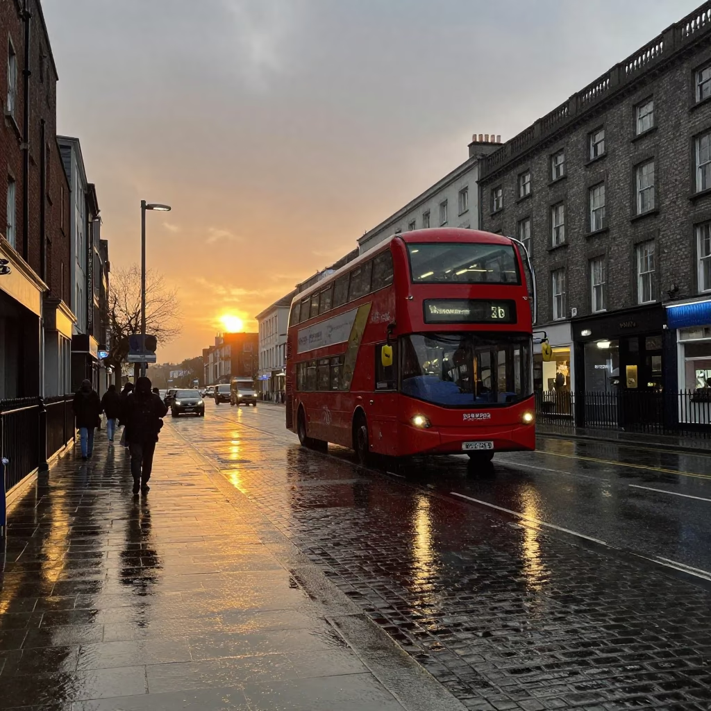 Rain-Slicked Dublin Street Scene with Double-Decker Bus at Dusk in in Dublin, Ireland