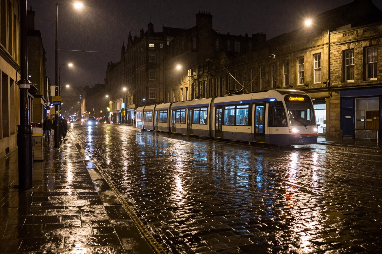 Rain-slicked Edinburgh Cobblestones Reflecting Tramcar at Night in in Edinburgh, United Kingdom
