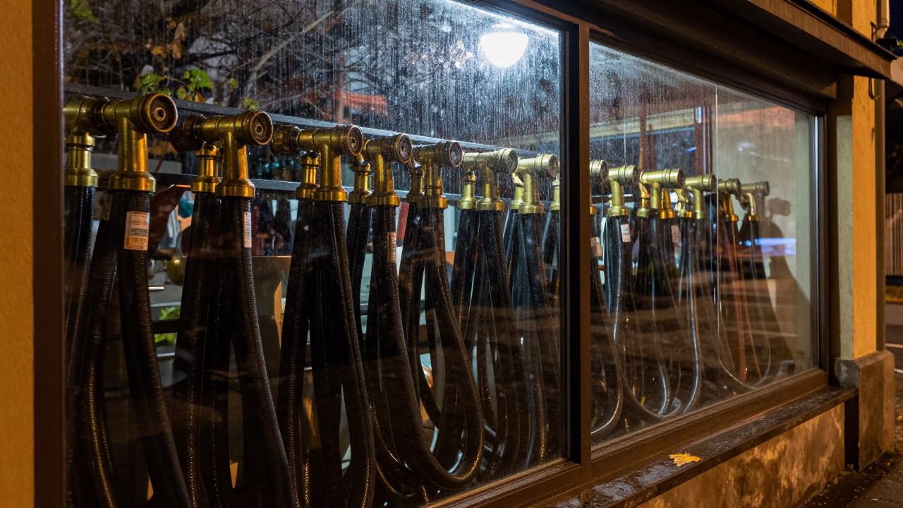 Rain-Slicked Garden Hose Wall at Night in Oradea in outside a shop window after rain in Oradea