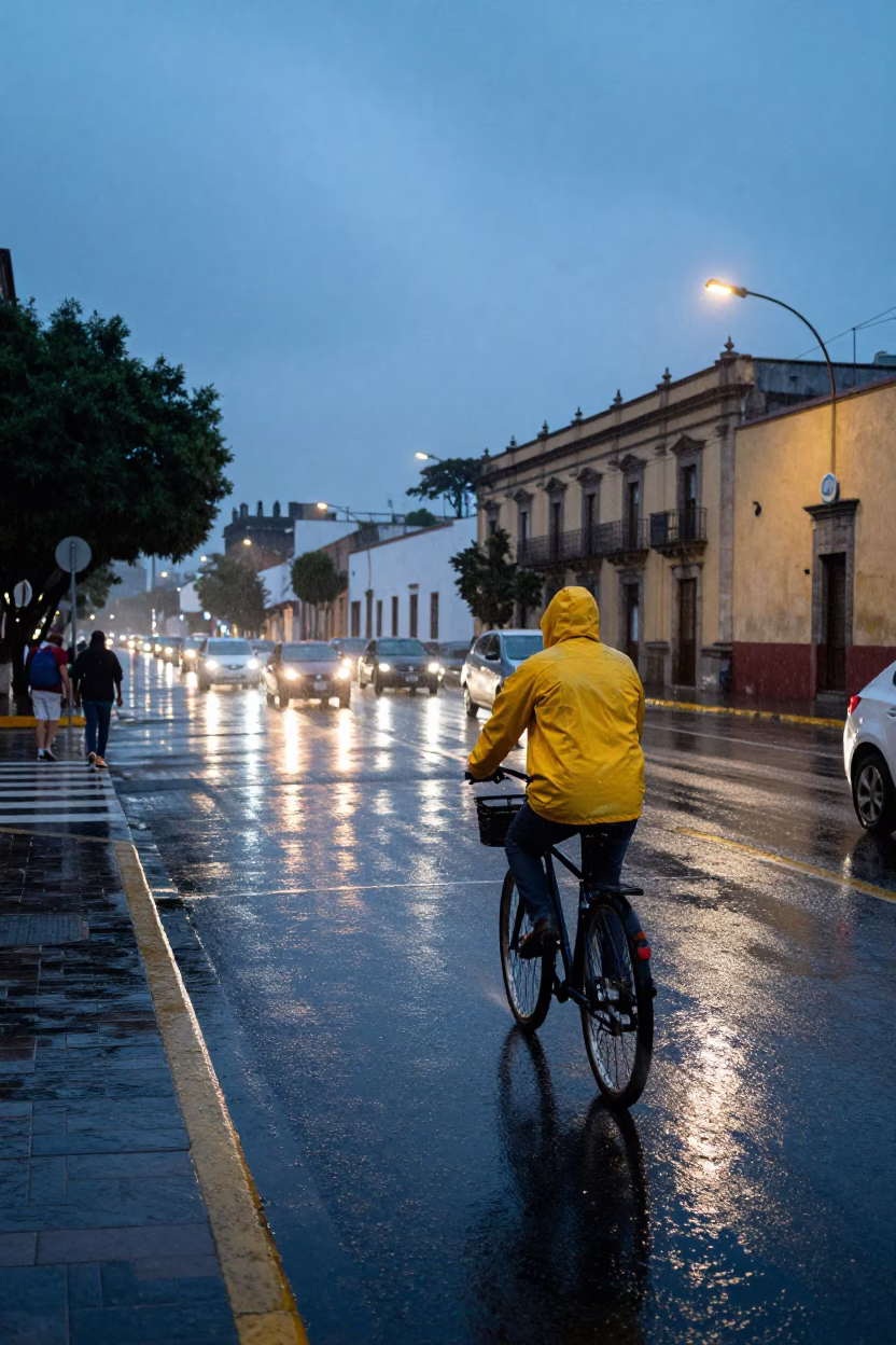 Rain slicked Guadalajara street at dusk with cyclist and vendor stall in in Guadalajara, Mexico