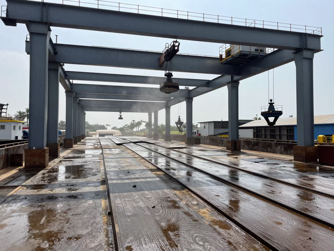 Rain Slicked Hull Plates Under Shipyard Crane in beside exposed structural steel near Lome