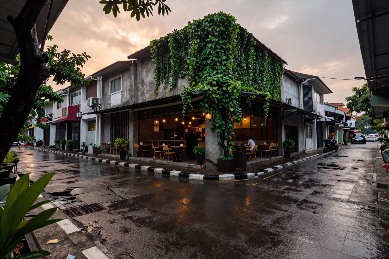 Rain-Slicked Lane and Ivy in Sunset Surabaya in outside a corner cafe in Surabaya