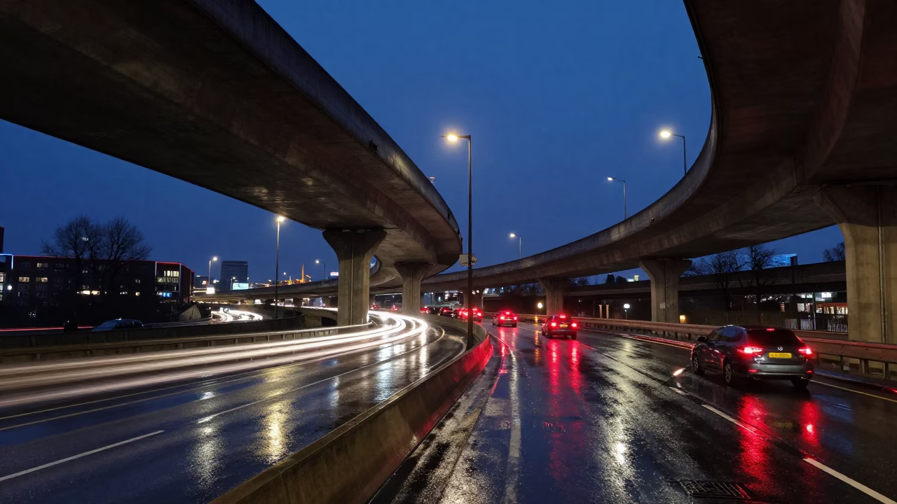 Rain-Slicked Liverpool Overpass Interchange Glowing with Taillights at Midnight in in Liverpool, United Kingdom