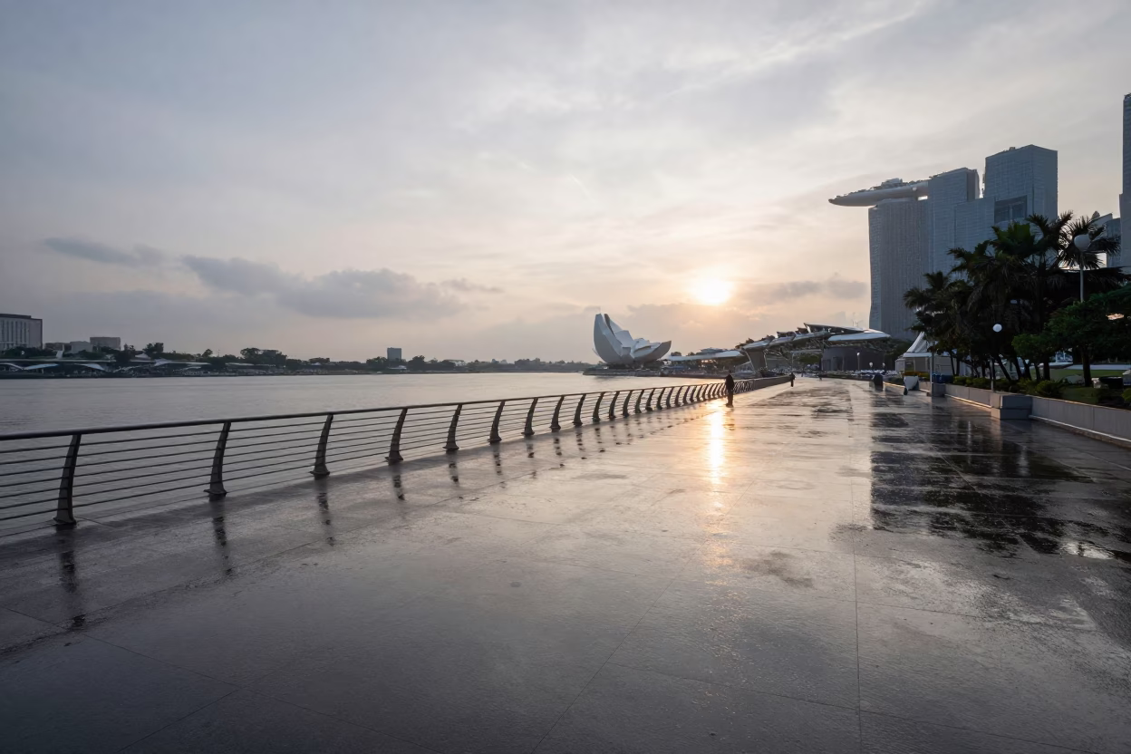 Rain-slicked Marina Bay Drawbridge Deck and River Light Early Morning Singapore in in Singapore, Singapore