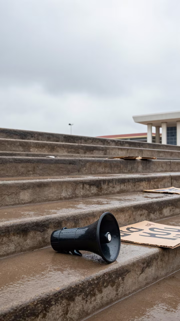 Rain Slicked Megaphone on Courthouse Steps in in a public square in Douala