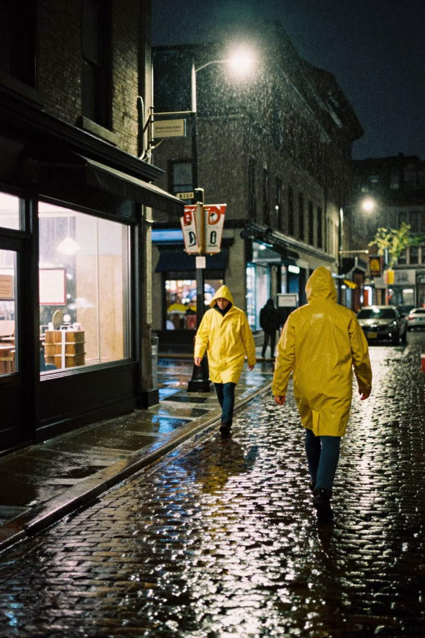 Rain-slicked Montreal Street at Night with Yellow Raincoats and Neon Reflections in in Montreal, Quebec, Canada